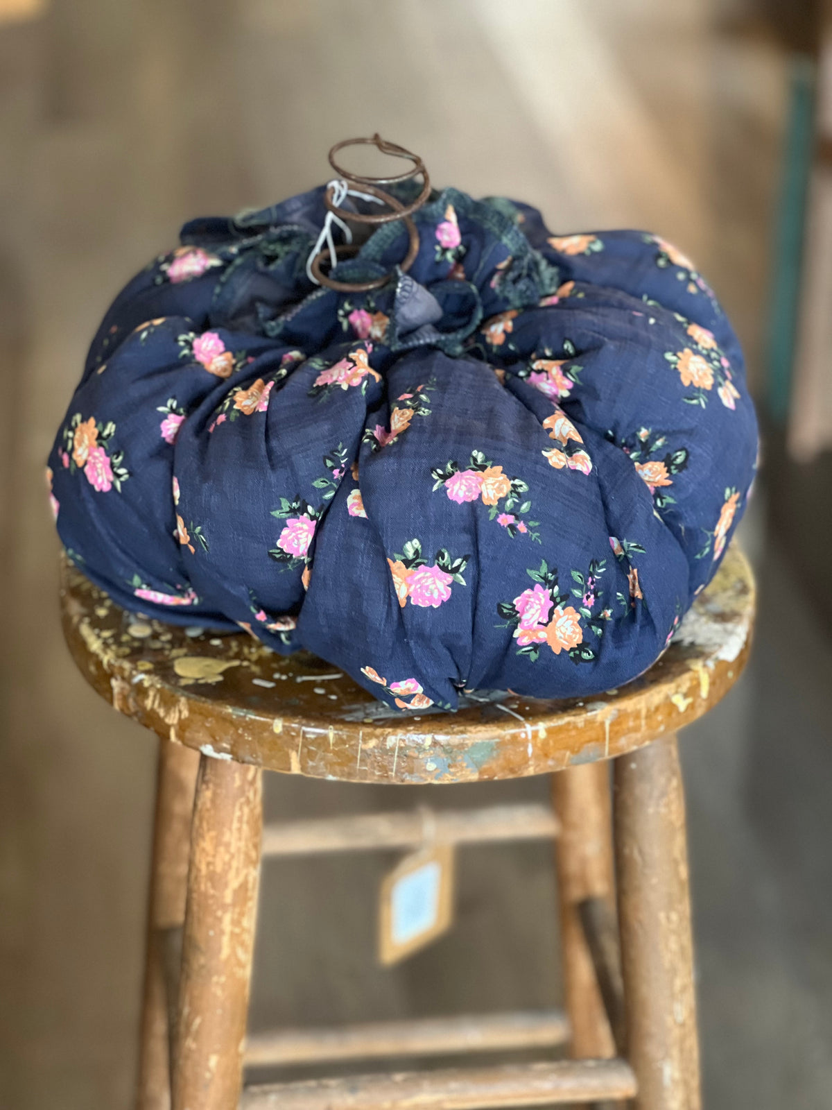 Rustic Navy Floral Fabric Pumpkin with Vintage Bedspring Stem