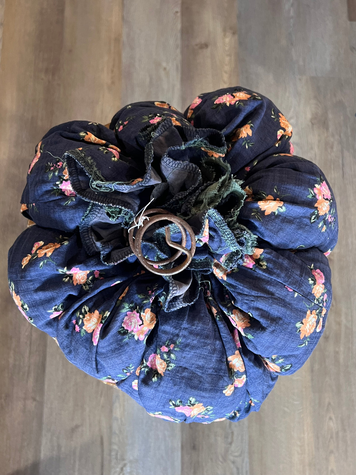 Rustic Navy Floral Fabric Pumpkin with Vintage Bedspring Stem