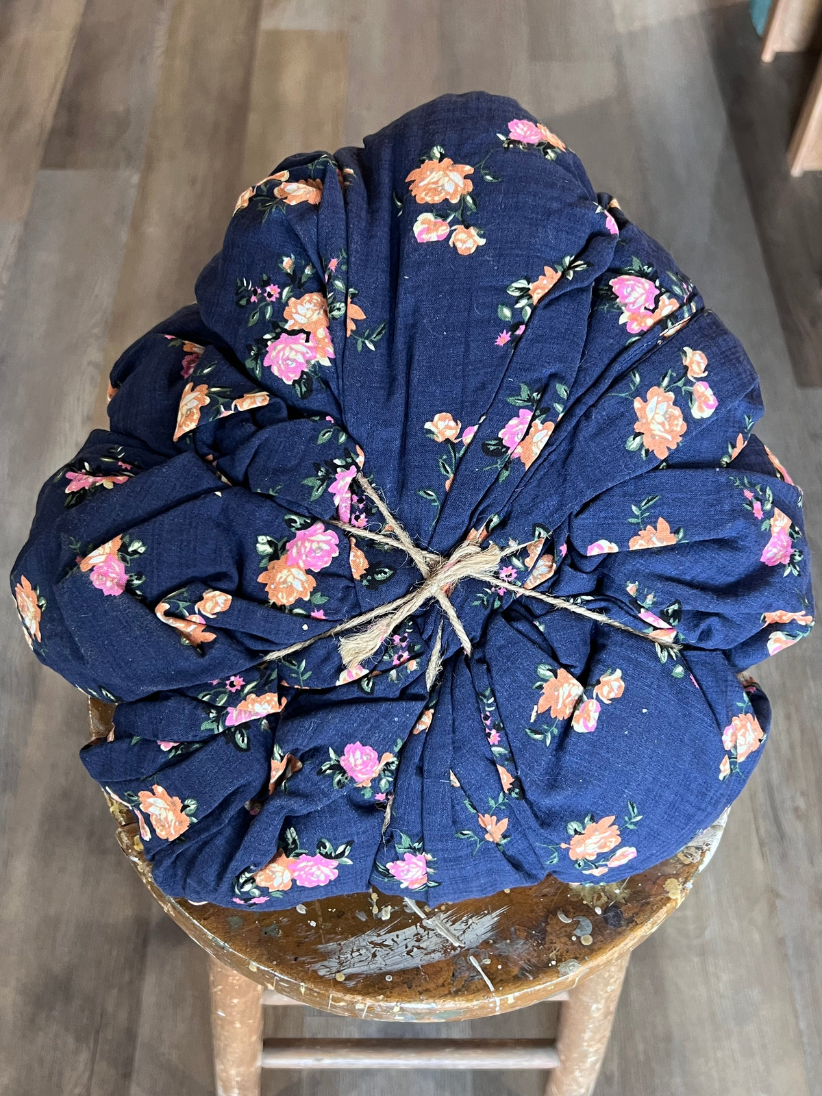 Rustic Navy Floral Fabric Pumpkin with Vintage Bedspring Stem