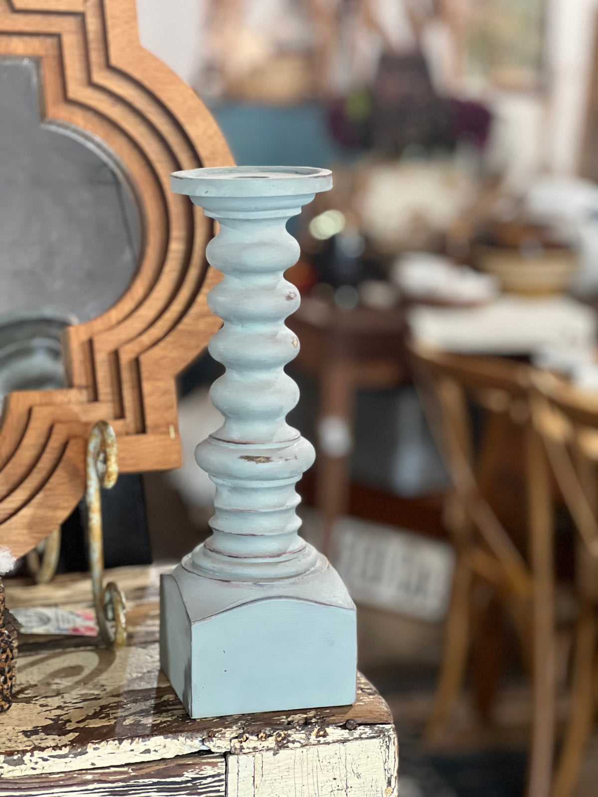 Chalk Painted Distressed Wooden Candlestick Holder The Mustard Seed Collection, The Seed