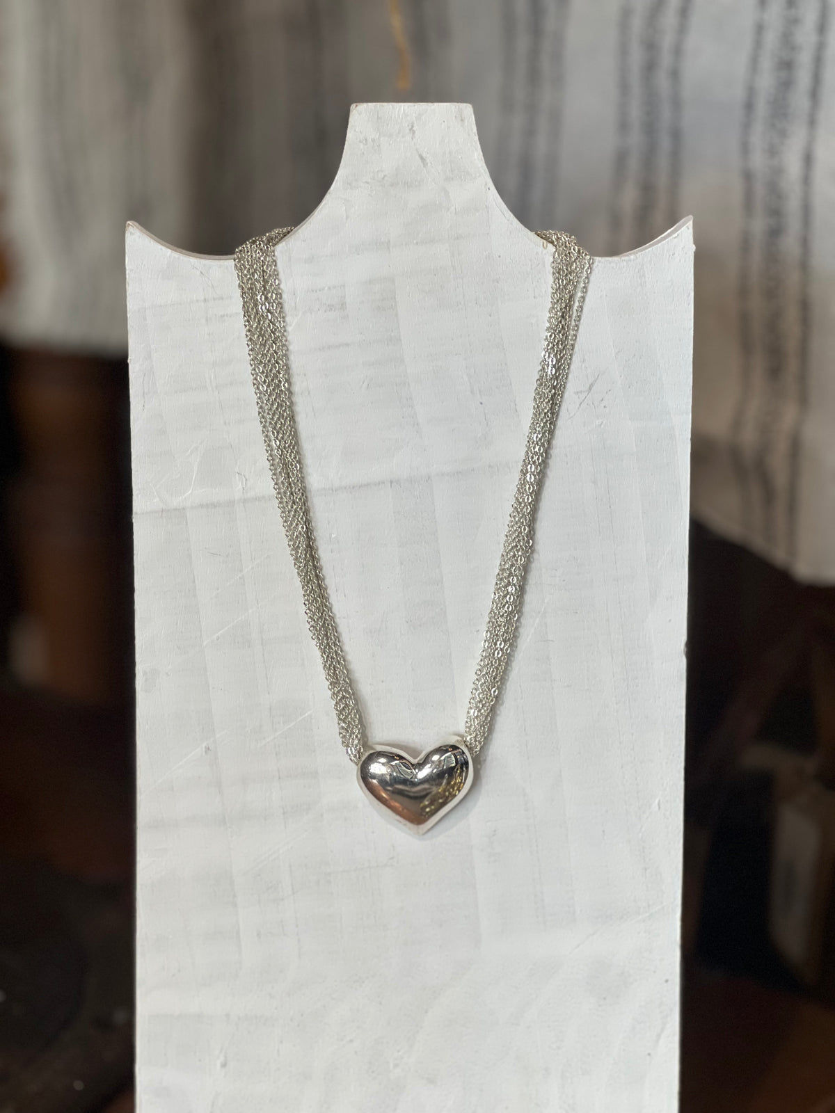 Chunky Silver Puffy Heart Multi-Strand Necklace (14" + 3" Extender)
