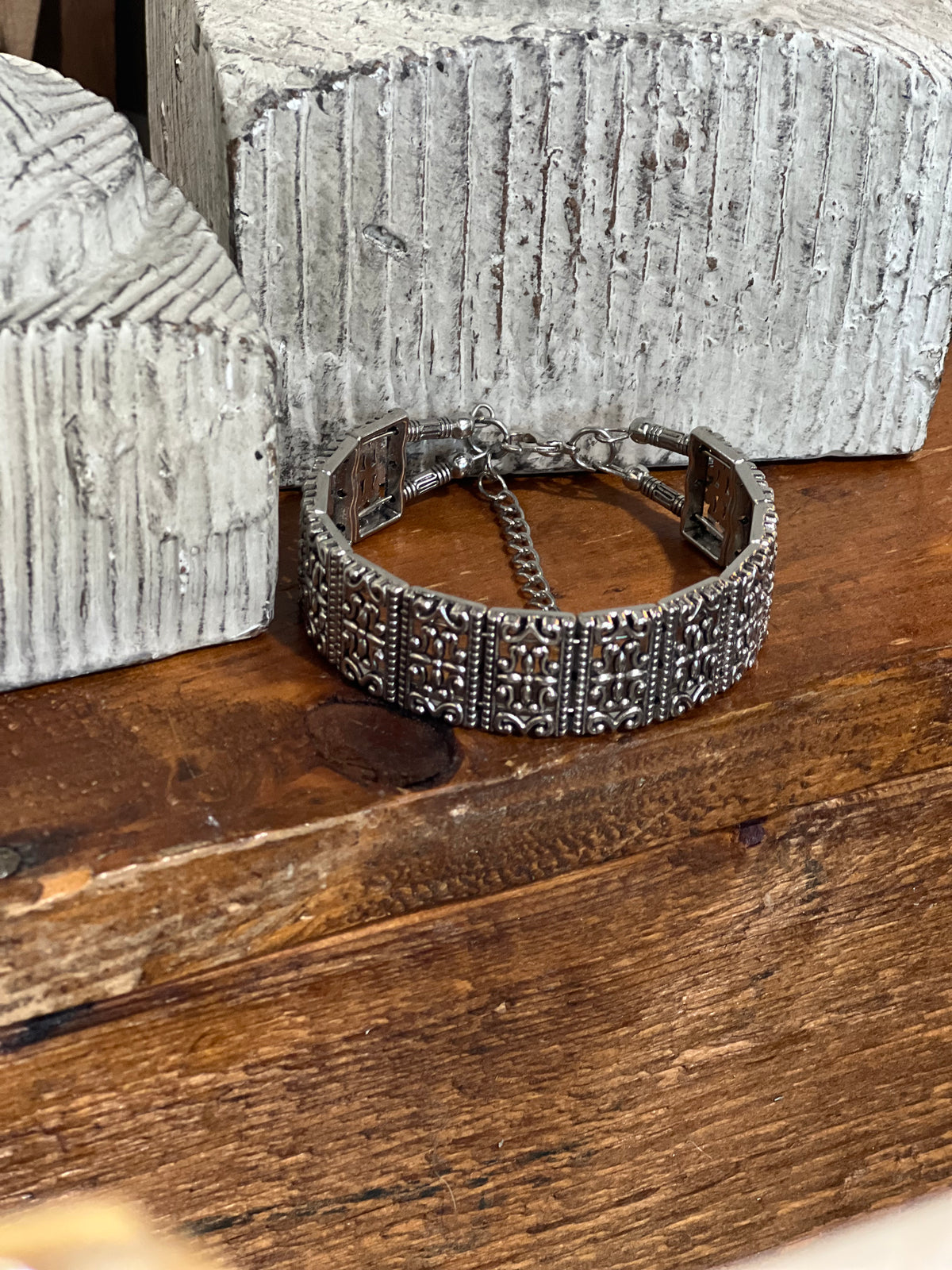 Vintage-Inspired Ornate Scroll Panel Statement Bracelet