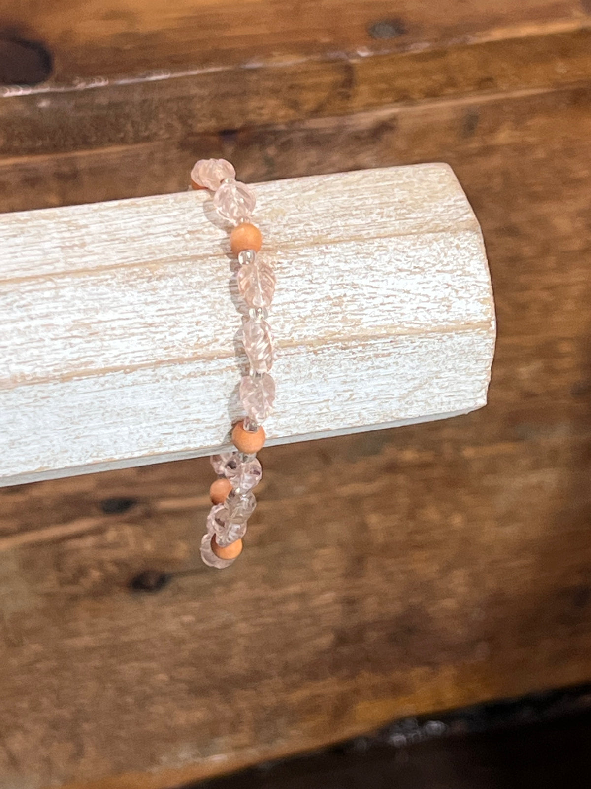 Petite Vintage Terracotta Wood & Translucent Pink Acrylic Flower Bead Bracelet - XS 2" Diameter
