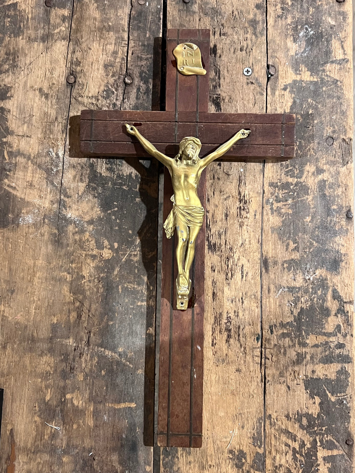 Vintage Brass &amp; Wood Wall Crucifix - 15" x 8" Catholic Corpus Cross