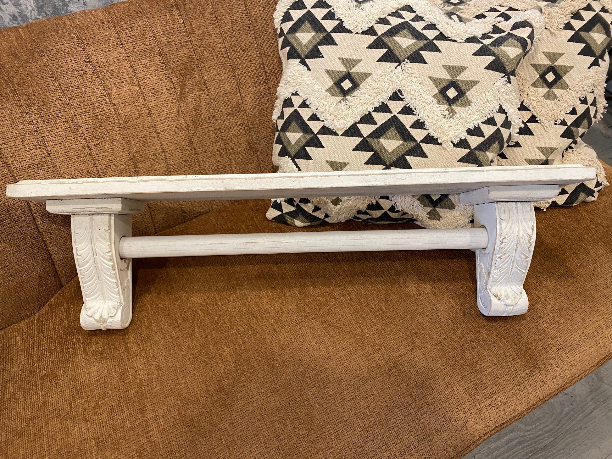 Distressed White Wood Shelf With Towel Wood Rod