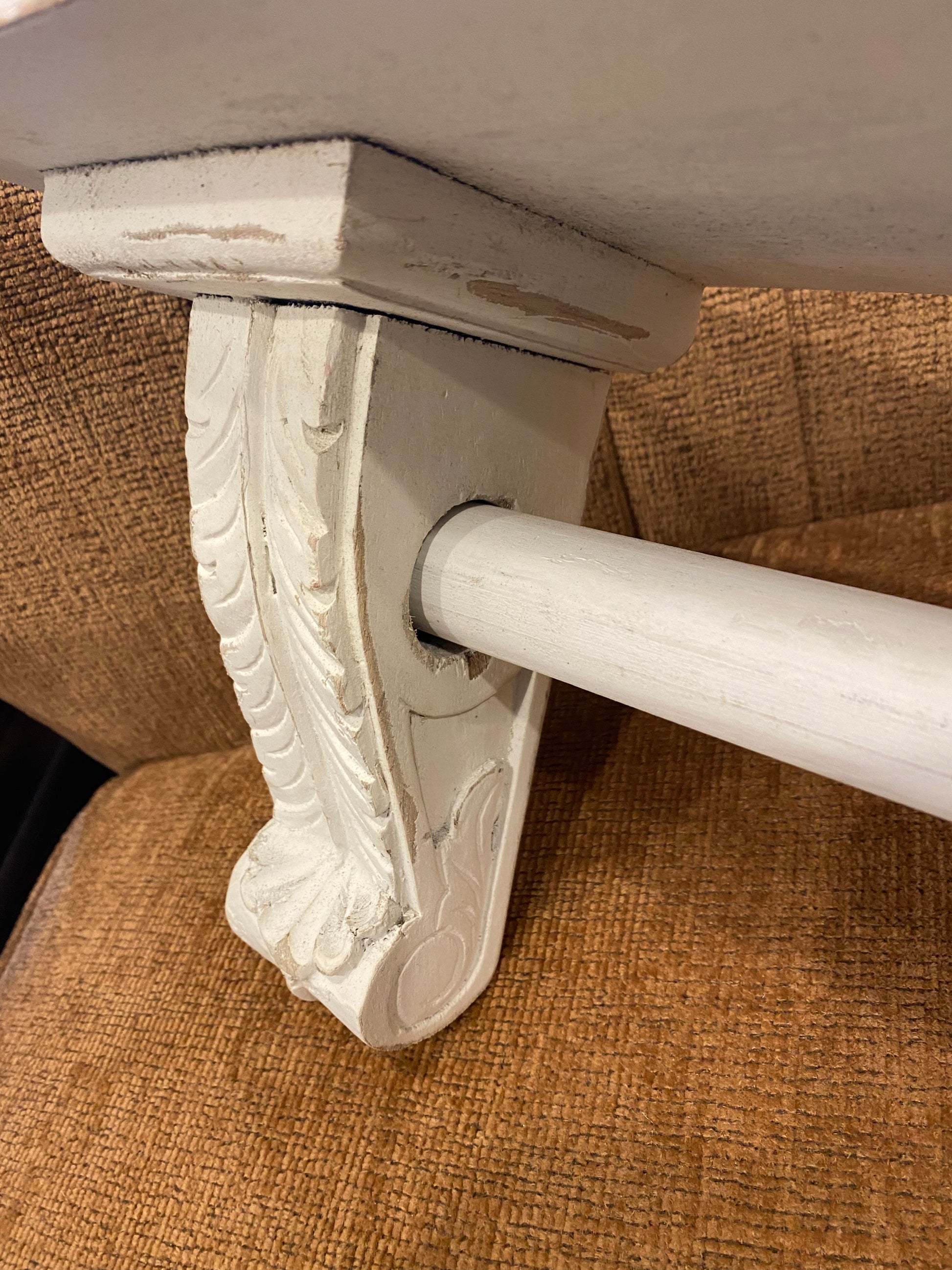 Distressed White Wood Shelf With Towel Wood Rod