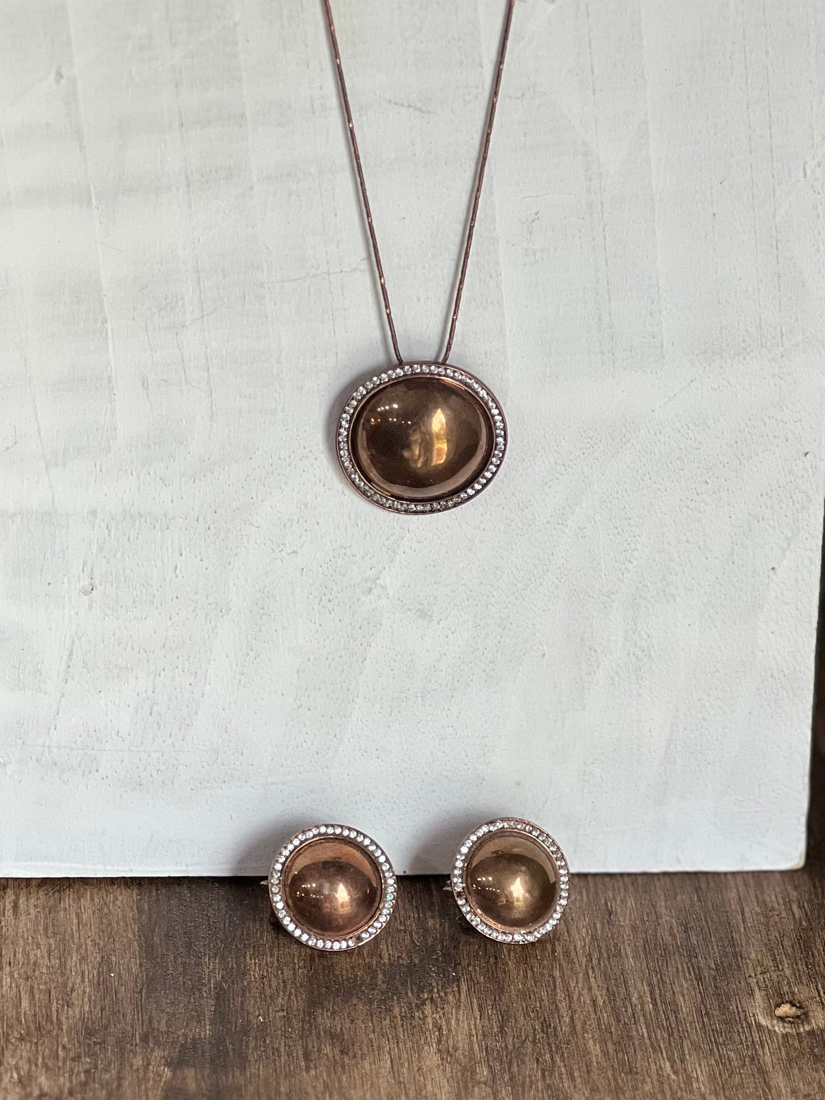 Vintage Rose Gold Vermeil Dome Halo Necklace &amp; Earring Set – 925 Sterling Silver