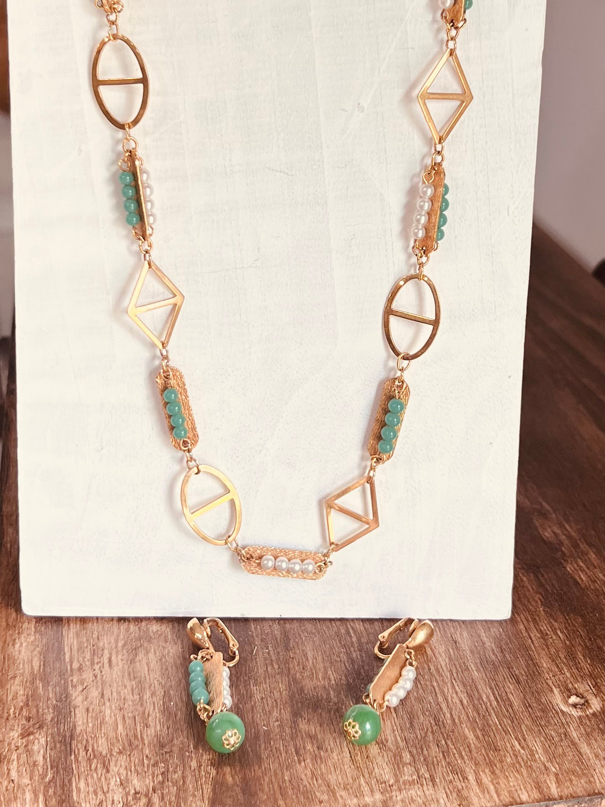 Mid-Century Modernist Openwork Geometric Jewelry Set: 28" Necklace & 2" Dangle Earrings