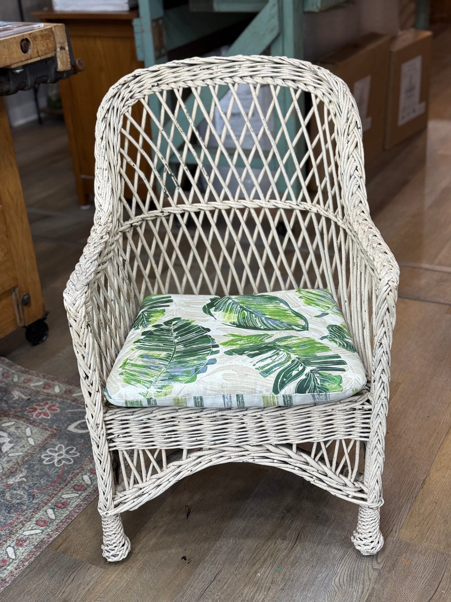 Vintage White Wicker Chair with Cushion