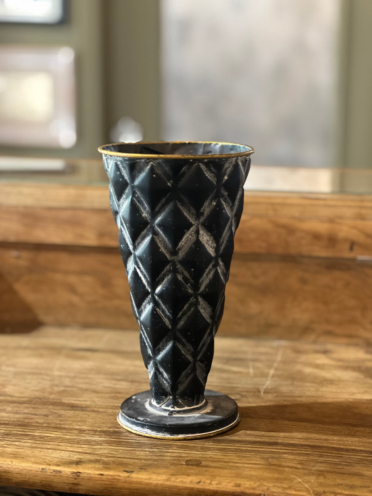 Vintage-Inspired Black Harlequin Diamond Metal Trumpet Vase Small Lancaster & Vintage