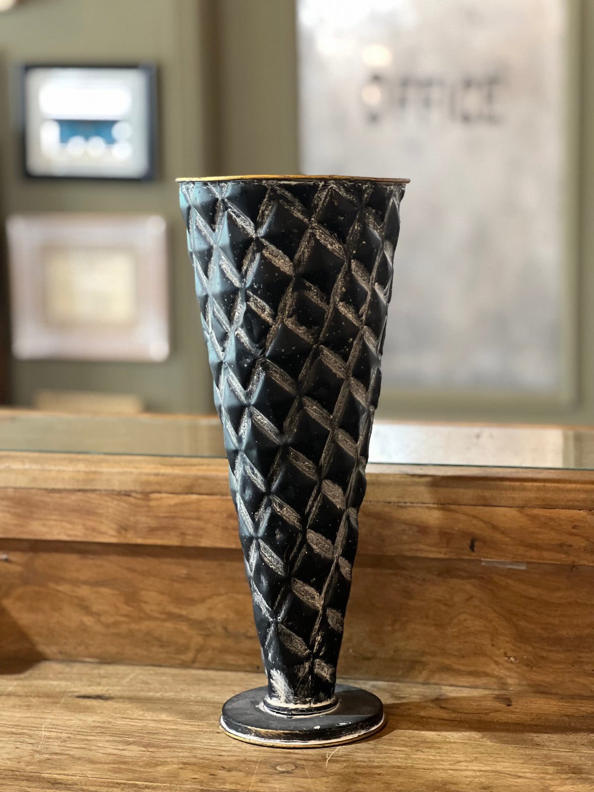 Vintage-Inspired Black Harlequin Diamond Metal Trumpet Vase Lancaster & Vintage