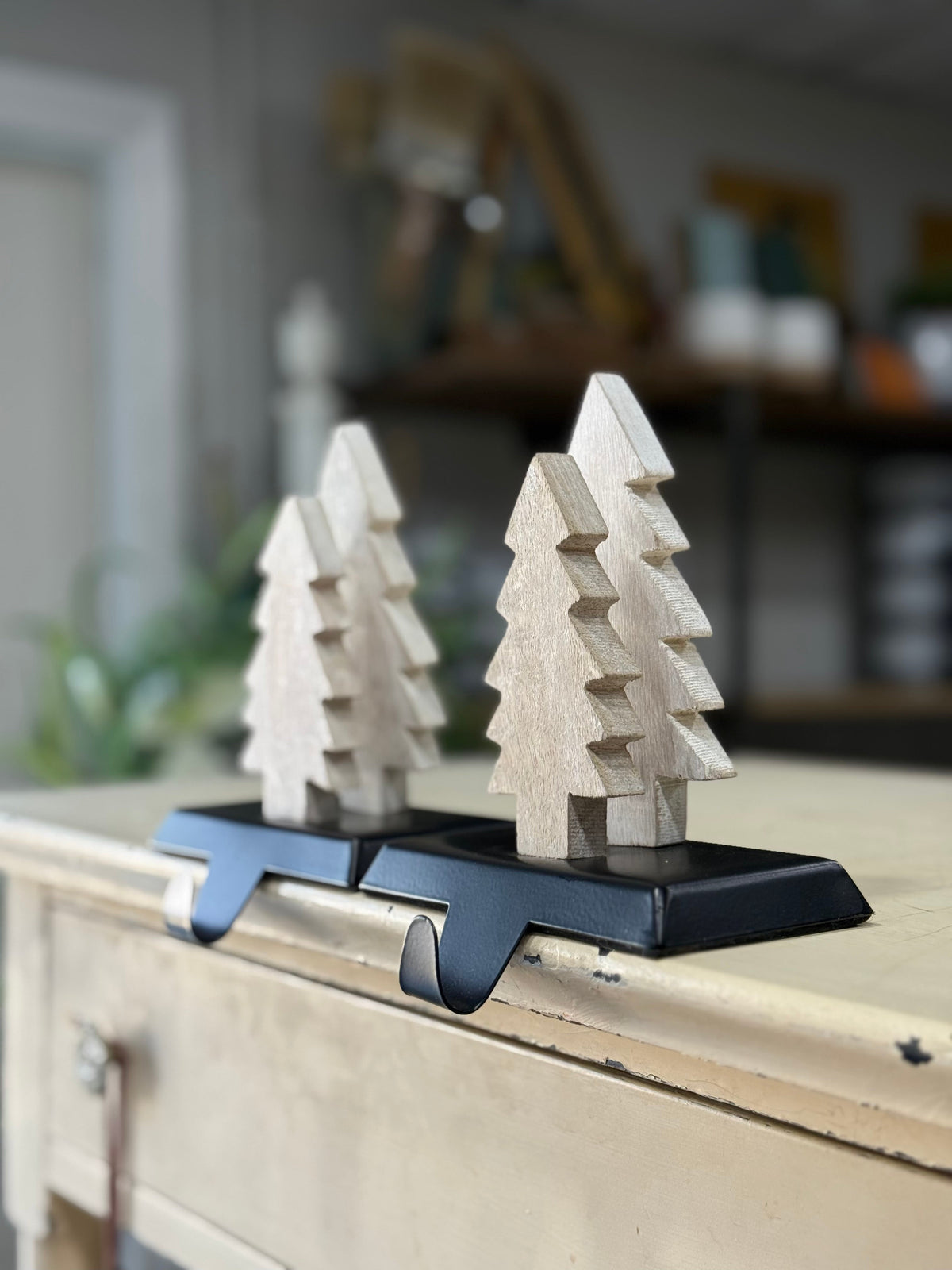 Pair of Whitewashed Tree Stocking Holders