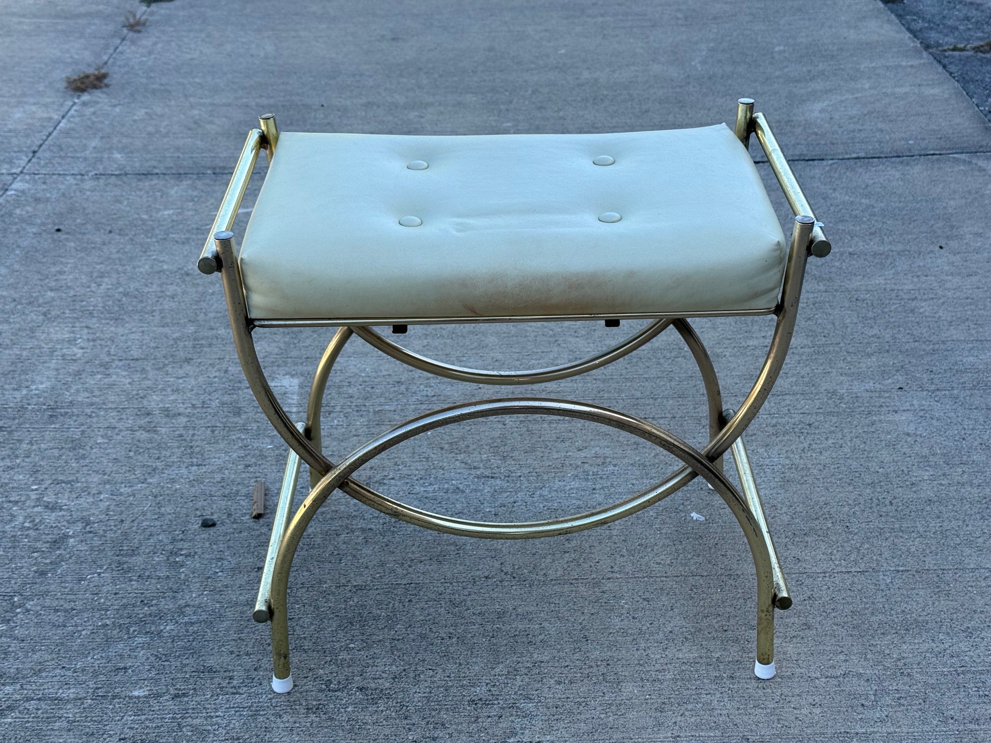 Mid-Century Modern Brass & White Vanity Seat