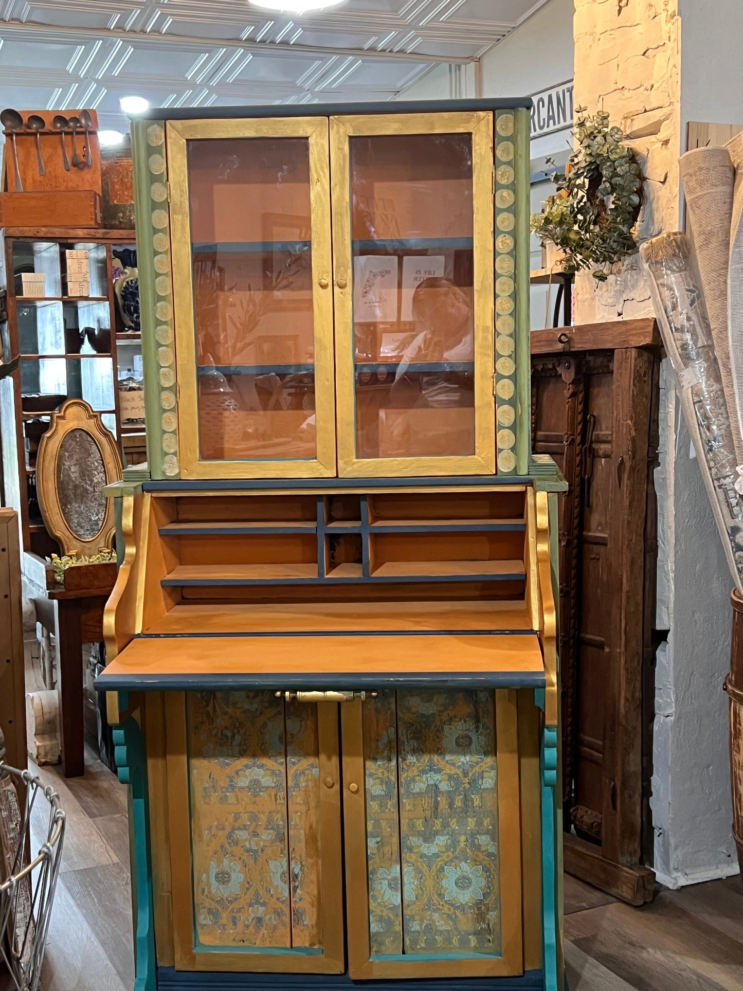 Custom Hand Painted & Handmade Vintage Pine Secretary