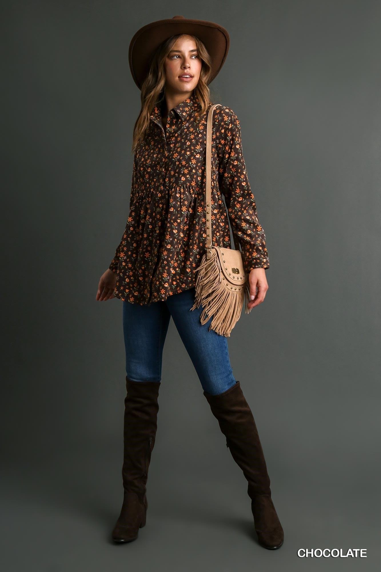 Floral Print Corduroy Button Down Baby Doll Top Chocolate