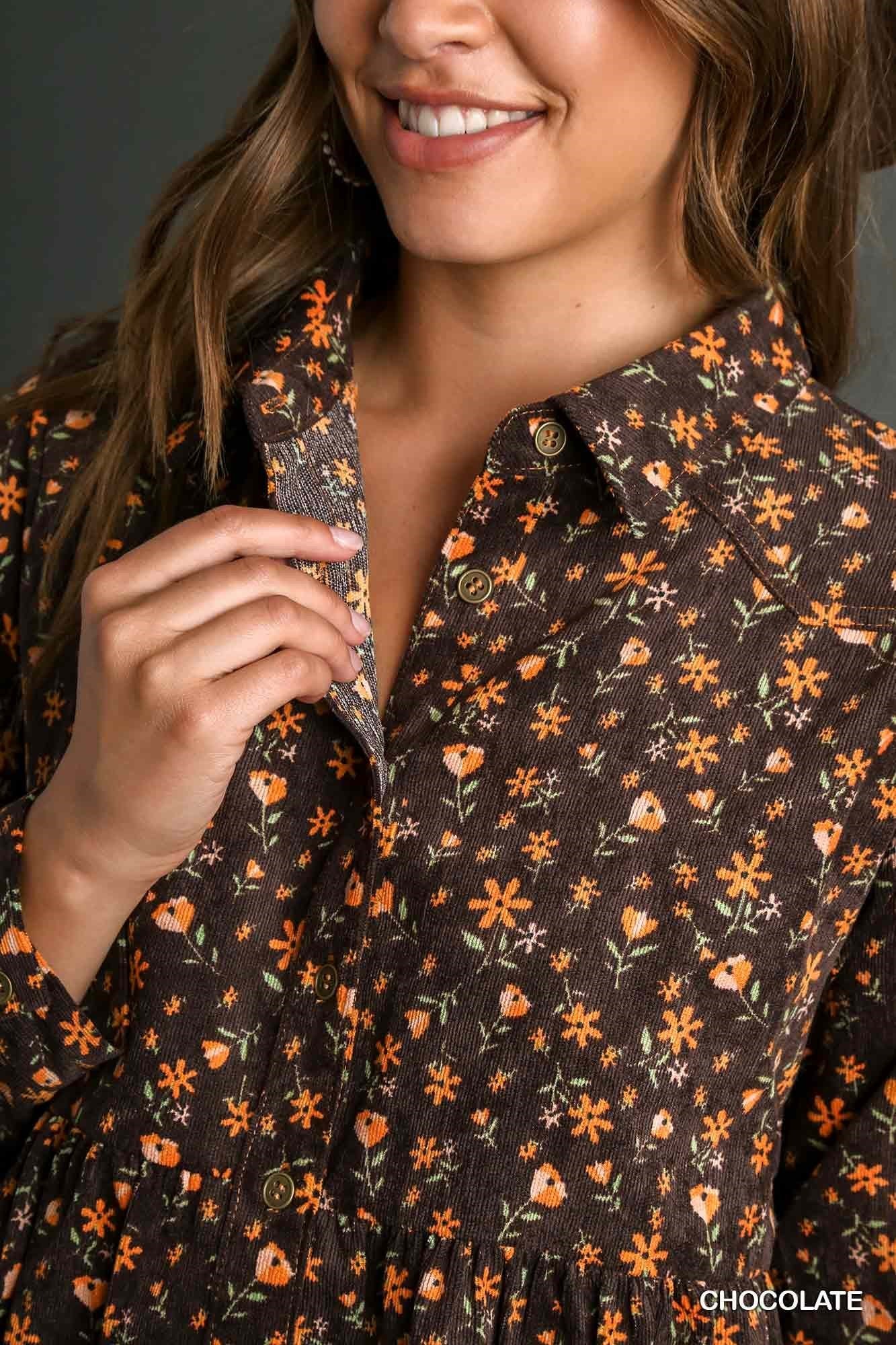Floral Print Corduroy Button Down Baby Doll Top Chocolate