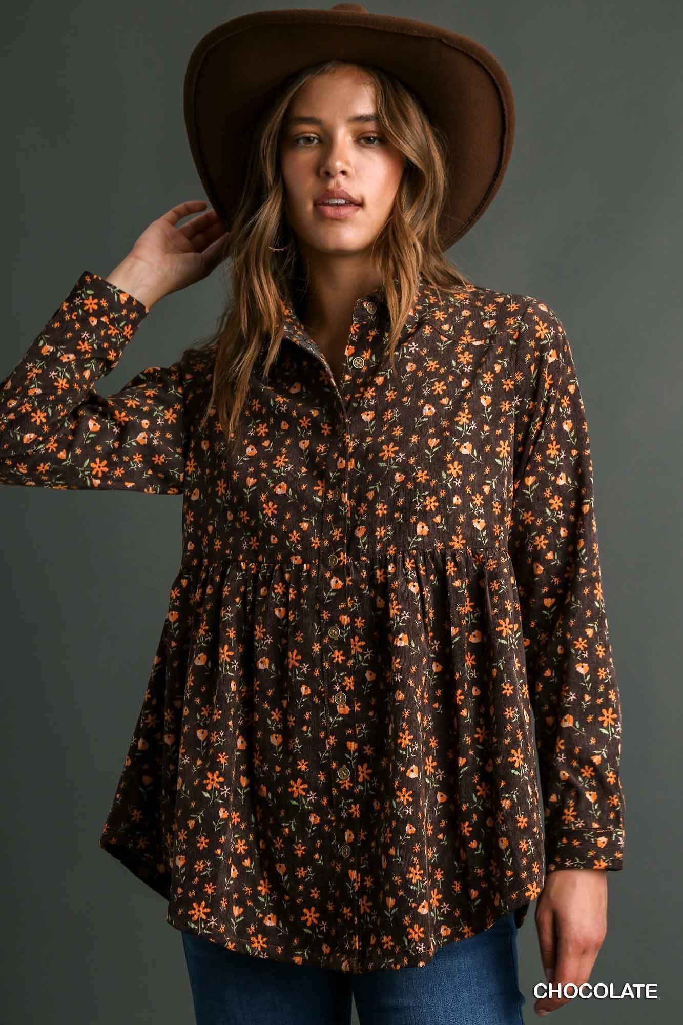 Floral Print Corduroy Button Down Baby Doll Top Chocolate