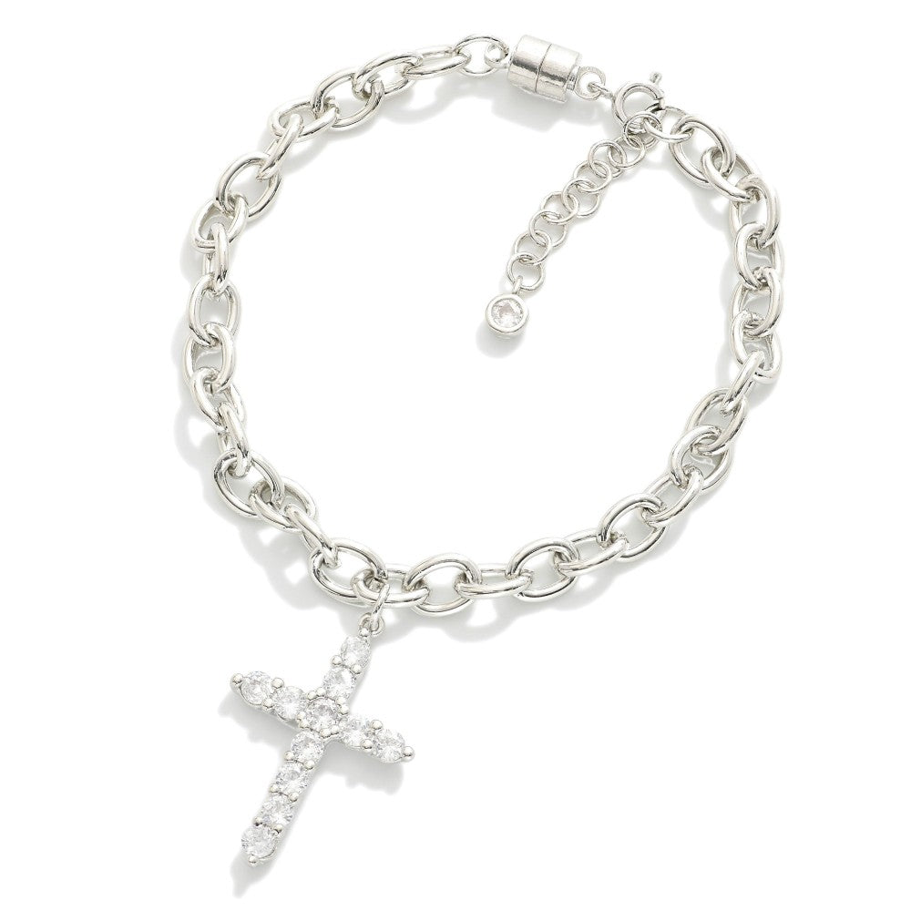 Magnetic Chain Link Bracelet Featuring Cubic Zirconia Cross Charm Silver