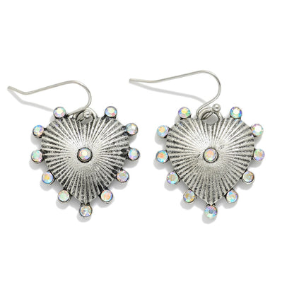 Metal Tone Ribbed Heart Drop Earrings Featuring Studded Rhinestones Silver