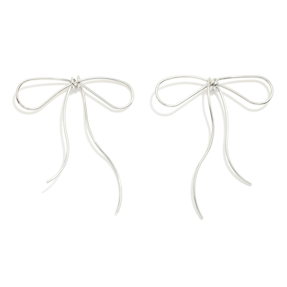 Metal Wire Bow Post Drop Earrings Silver