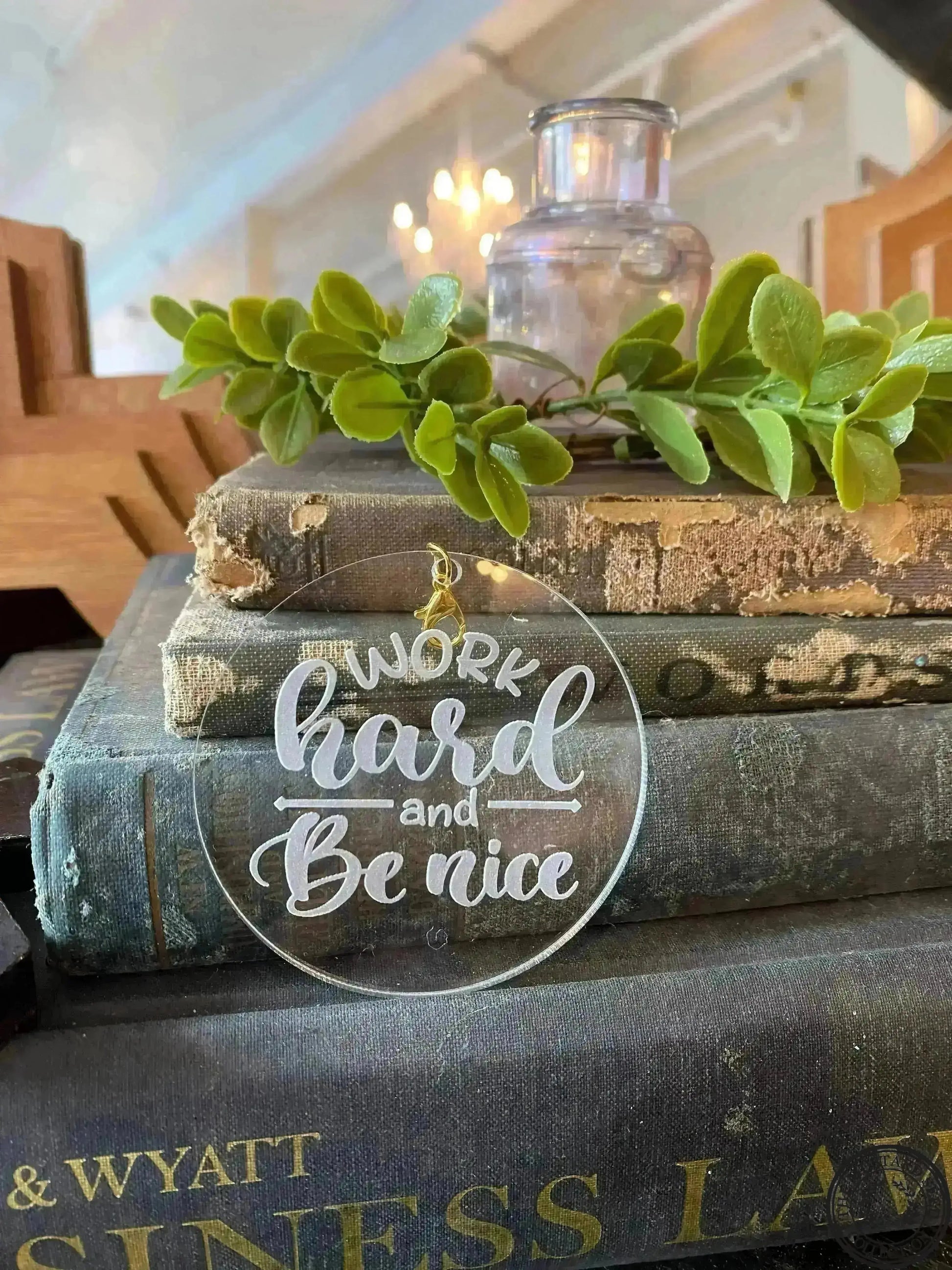 Work Hard and Be Nice SVF Black and White Grey Marble Silicone Wristlet Beaded Key Chain Bracelet with Tassel and Motivational Engraved Acrylic Charm of choice!