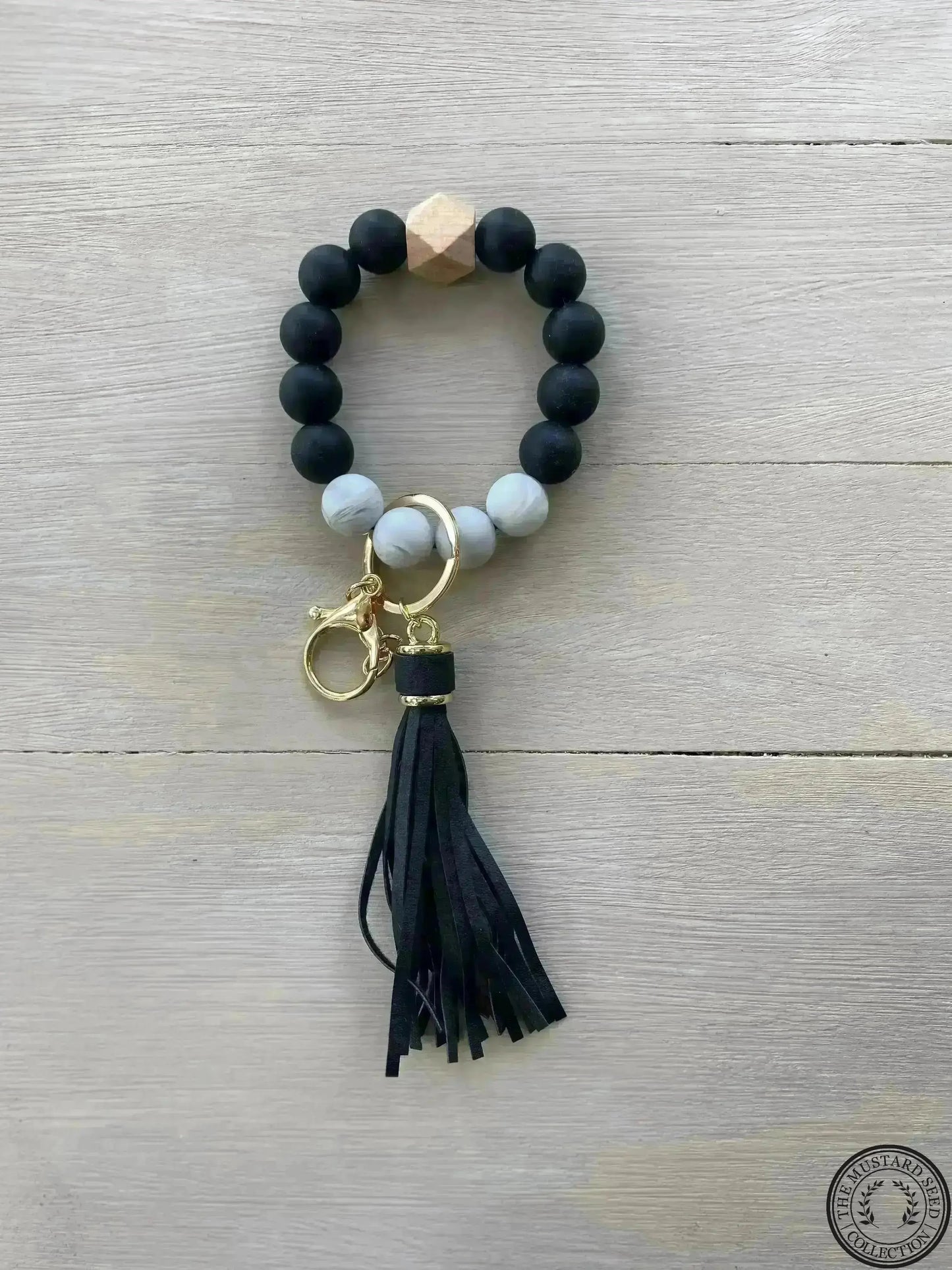 Work Hard and Be Nice SVF Black and White Grey Marble Silicone Wristlet Beaded Key Chain Bracelet with Tassel and Motivational Engraved Acrylic Charm of choice!