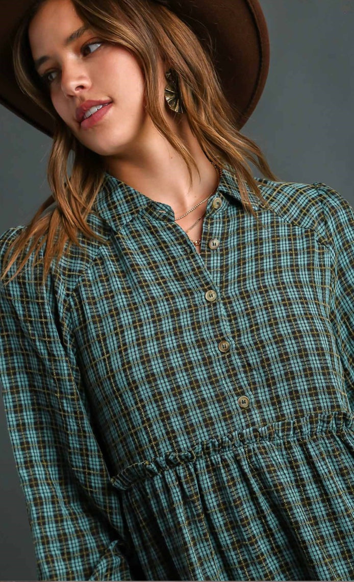 Long Sleeve Ruffle Plaid Dress