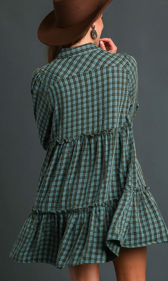 Long Sleeve Ruffle Plaid Dress Teal