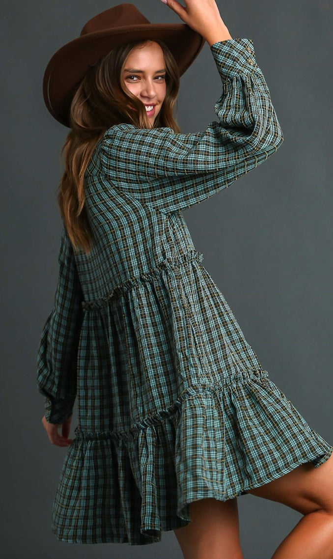 Long Sleeve Ruffle Plaid Dress