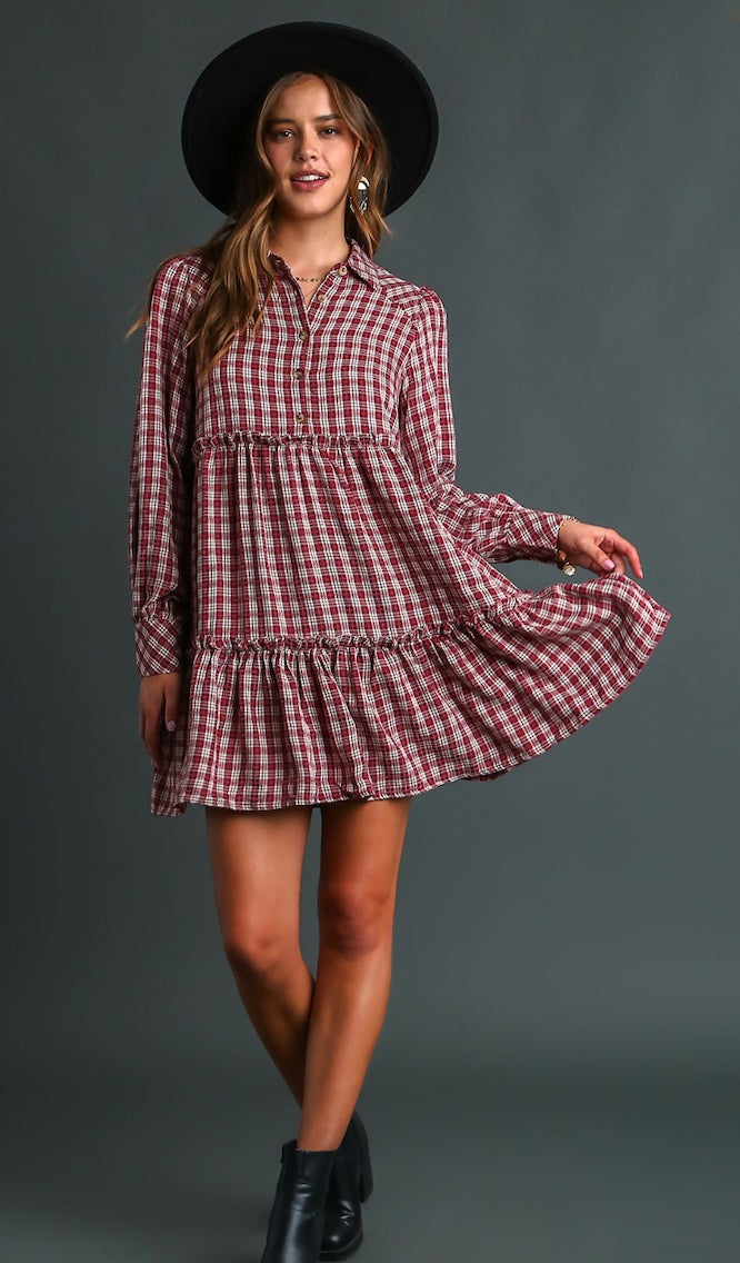 Long Sleeve Ruffle Plaid Dress Merlot