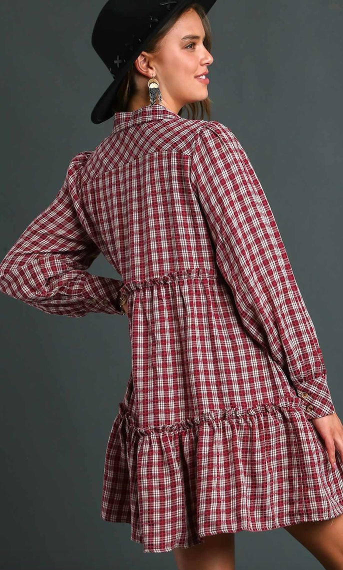 Long Sleeve Ruffle Plaid Dress Merlot