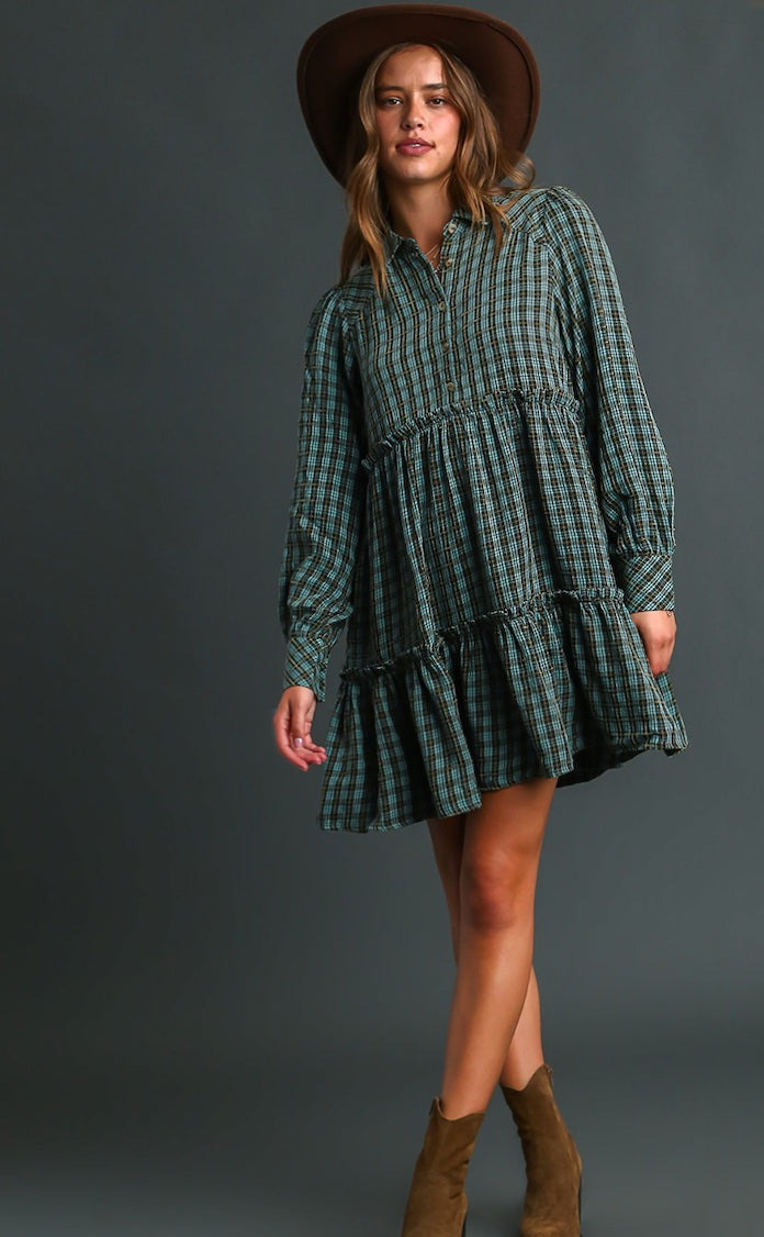 Long Sleeve Ruffle Plaid Dress Teal