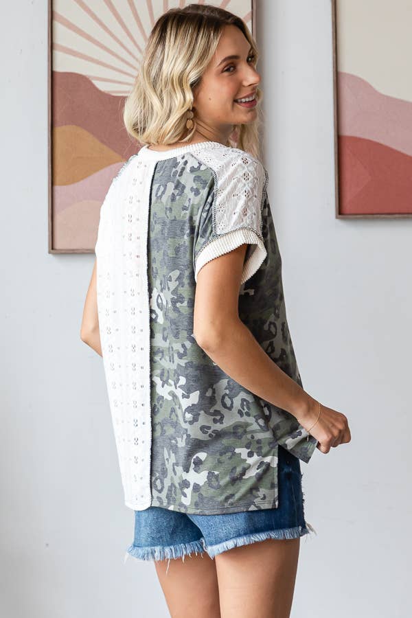 Camo Animal Lace Contrast Button Front Short Sleeve Top