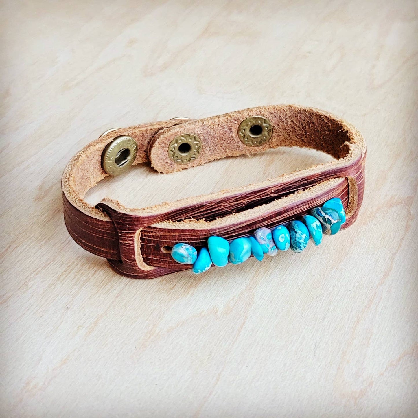 Genuine Leather Narrow Cuff with Turquoise Regalite Stones