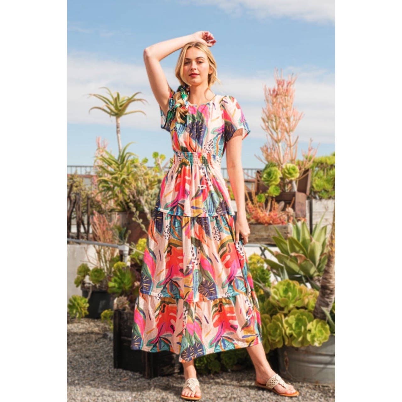 Abstract Printed Smocked Maxi Dress: FUCHSIA