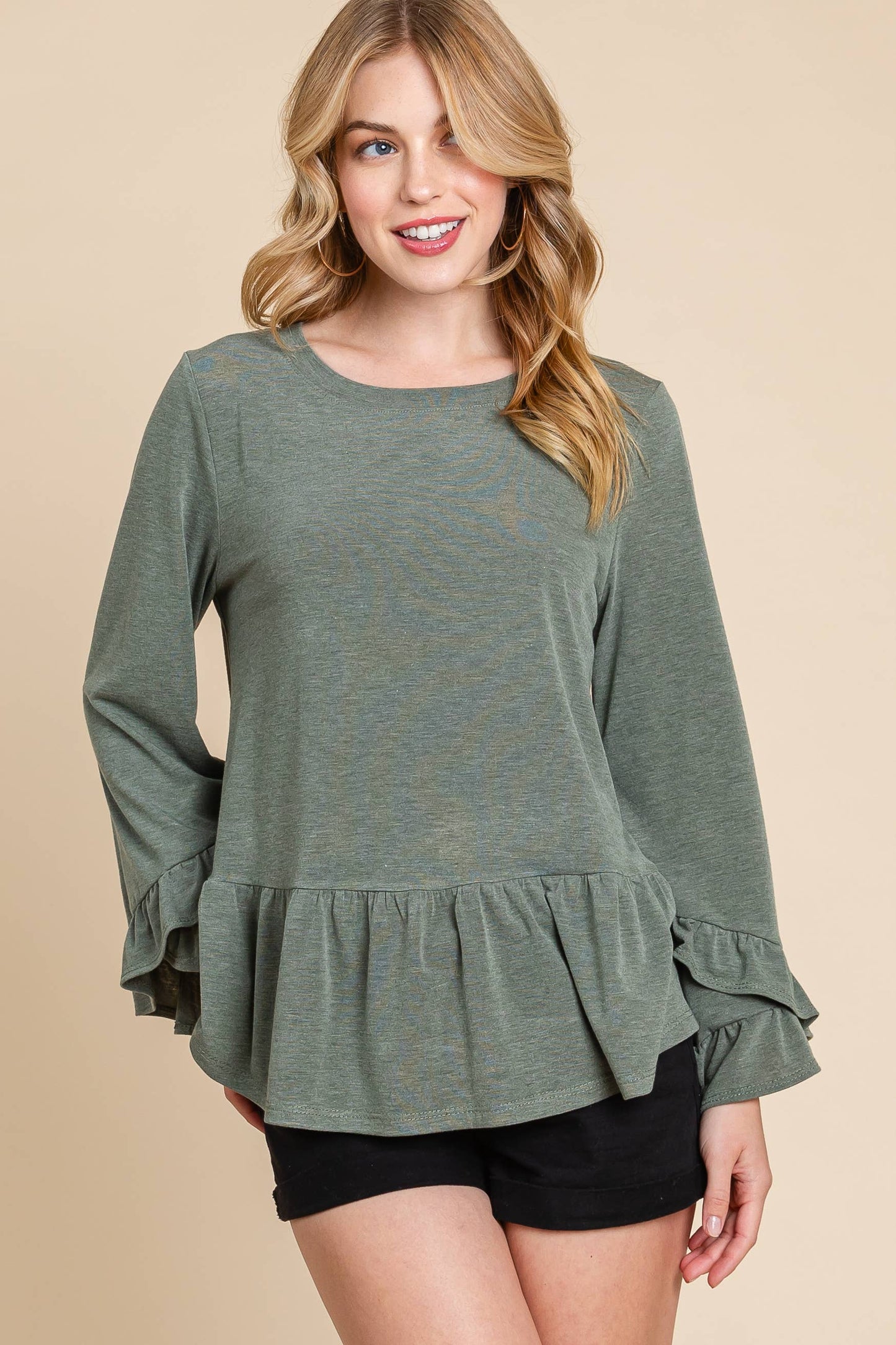 Solid Babydoll Ruffle Hem Top: Olive