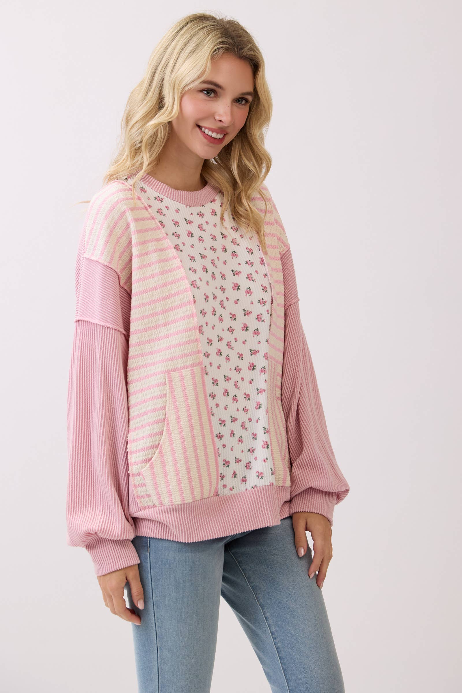 Fondant Pink Floral Rib Patchwork Pullover Top