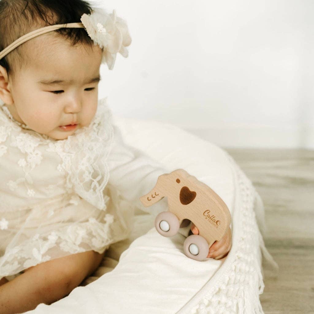 Elephant Silicone & Beechwood Teether Toy: Petal Pink