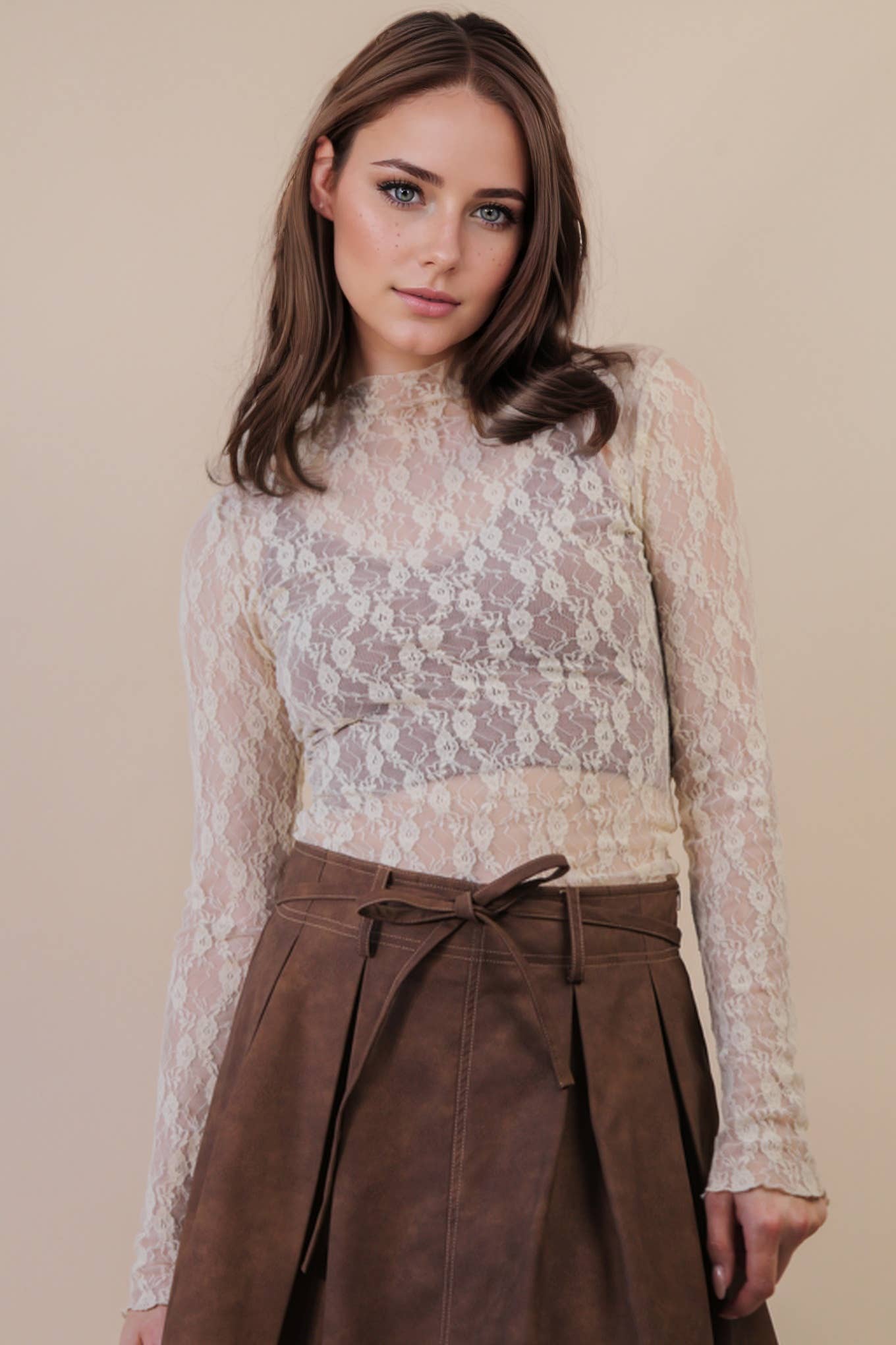 High Neck Fitted Sheer Mesh Lace Knit Top: CHAMPAGNE