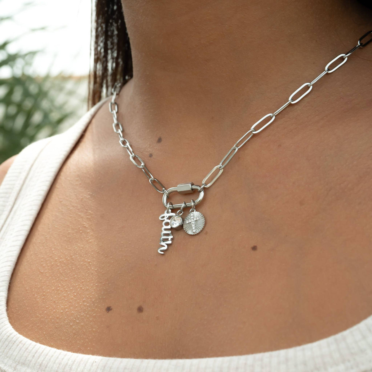 18K PVD Gold Carabiner "Faith" Paperclip Charm Necklace: Gold WJW