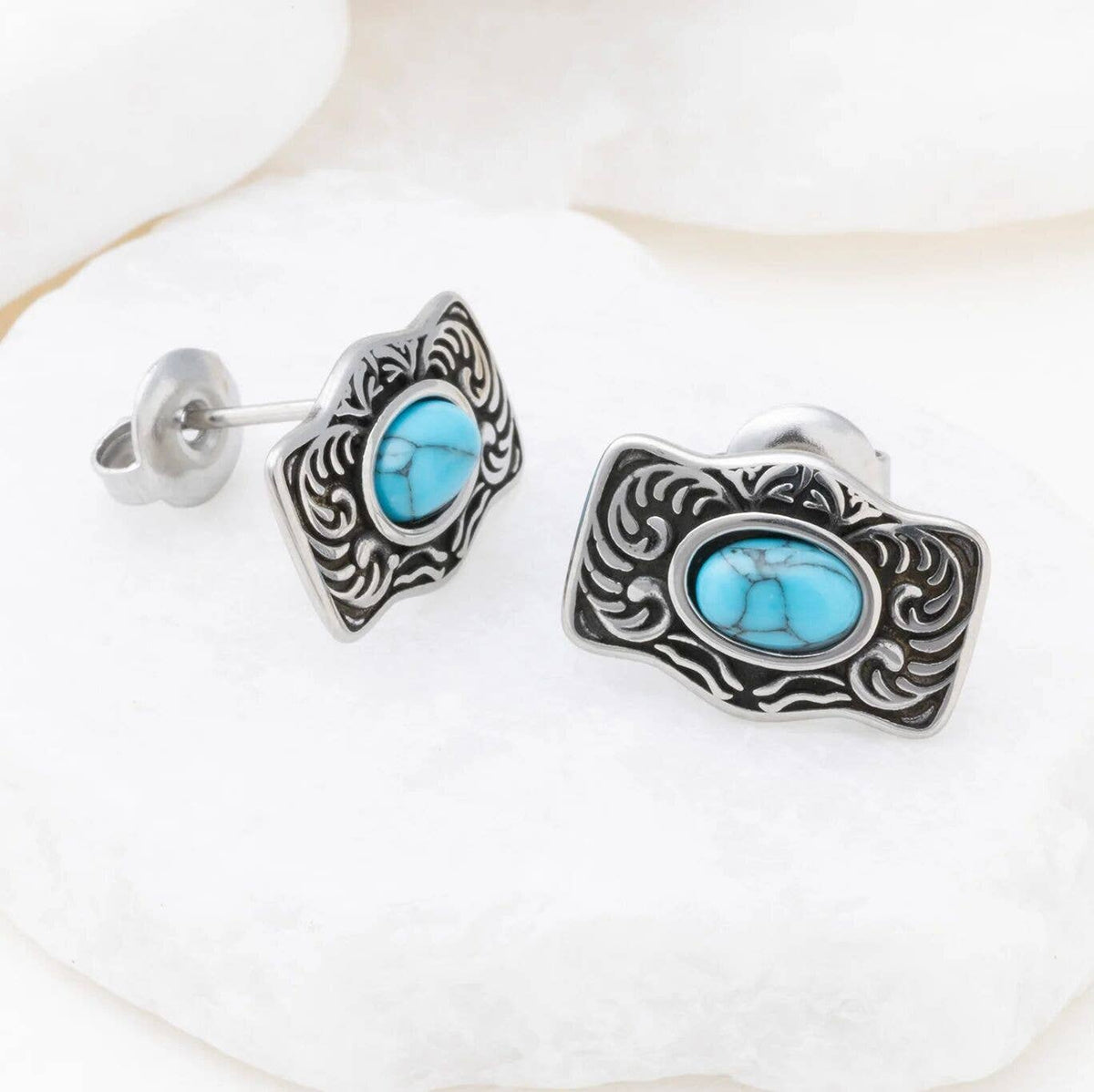 Gold Stainless Steel Turquoise Stone Buckle Stud Earrings: Stainless WJW