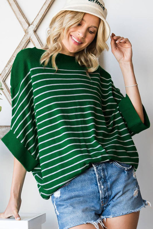 Viscose Roll Up Half Sleeve Boat Neck Striped Sweater: HUNTER/IVORY