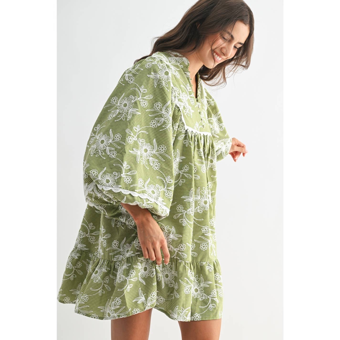 Embroidered Dress with Balloon Sleeves: Green