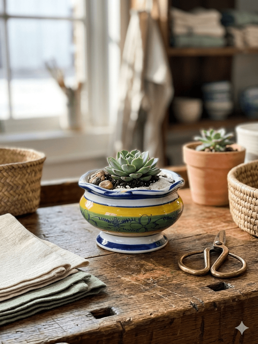 AAA Imports Hand-Painted Mediterranean Ceramic Mini Footed Planter (2.5" x 4.25") 