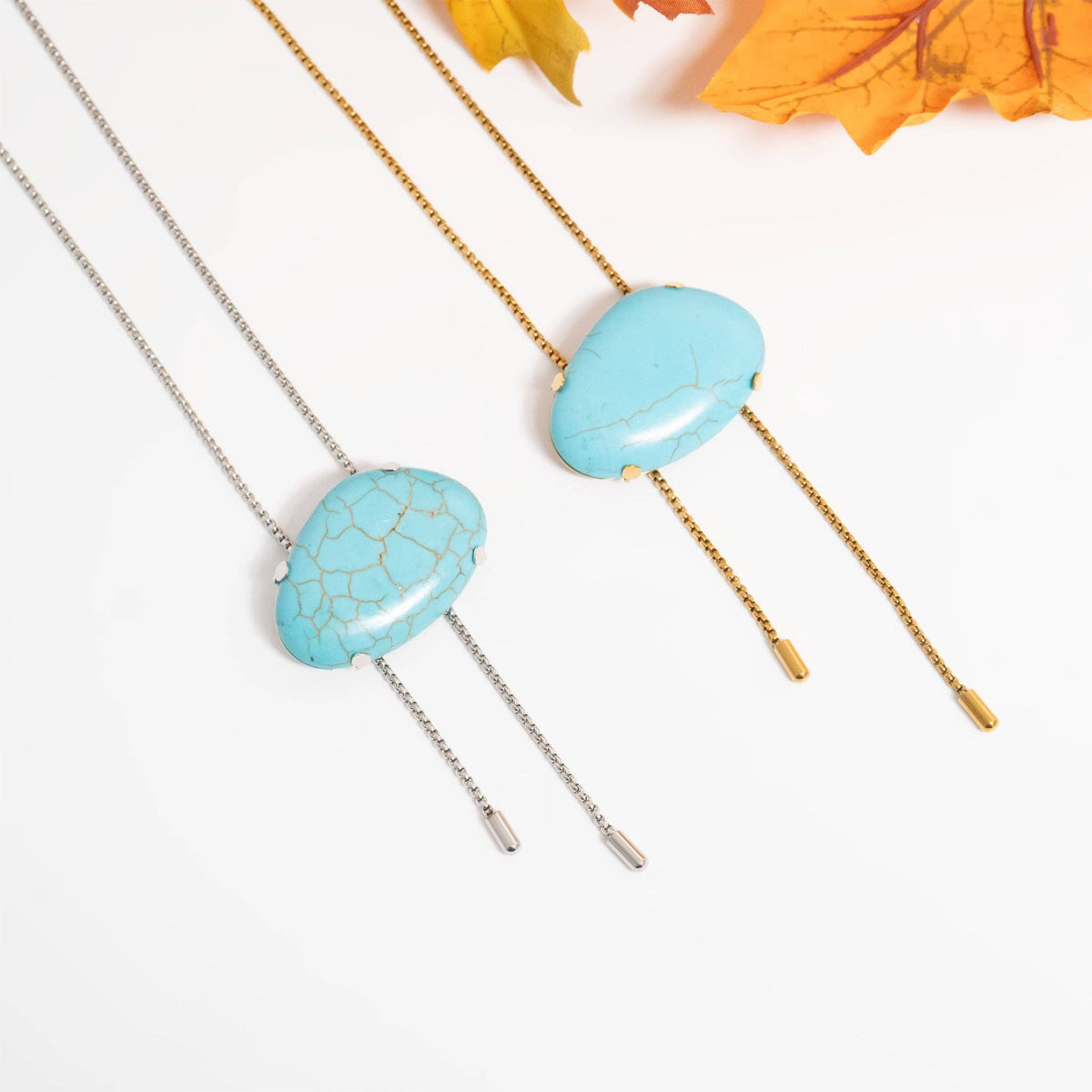 18K Gold PVD Stainless Steel Turquoise Charm Bolo Necklace: Stainless WJW
