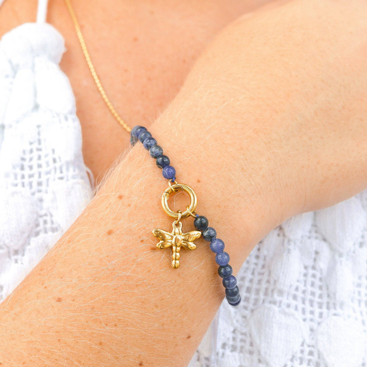 18K Gold PVD Stainless Steel Semi Precious Natural Stone Charm Keeper Bracelet: Gold / Picture Jasper WJW