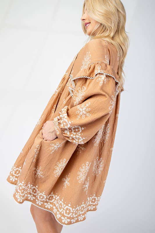 Long Sleeve Babydoll Dress: CAMEL