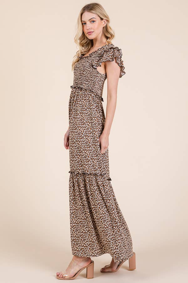 Leopard Ruffle Sleeve Tiered Maxi Dress