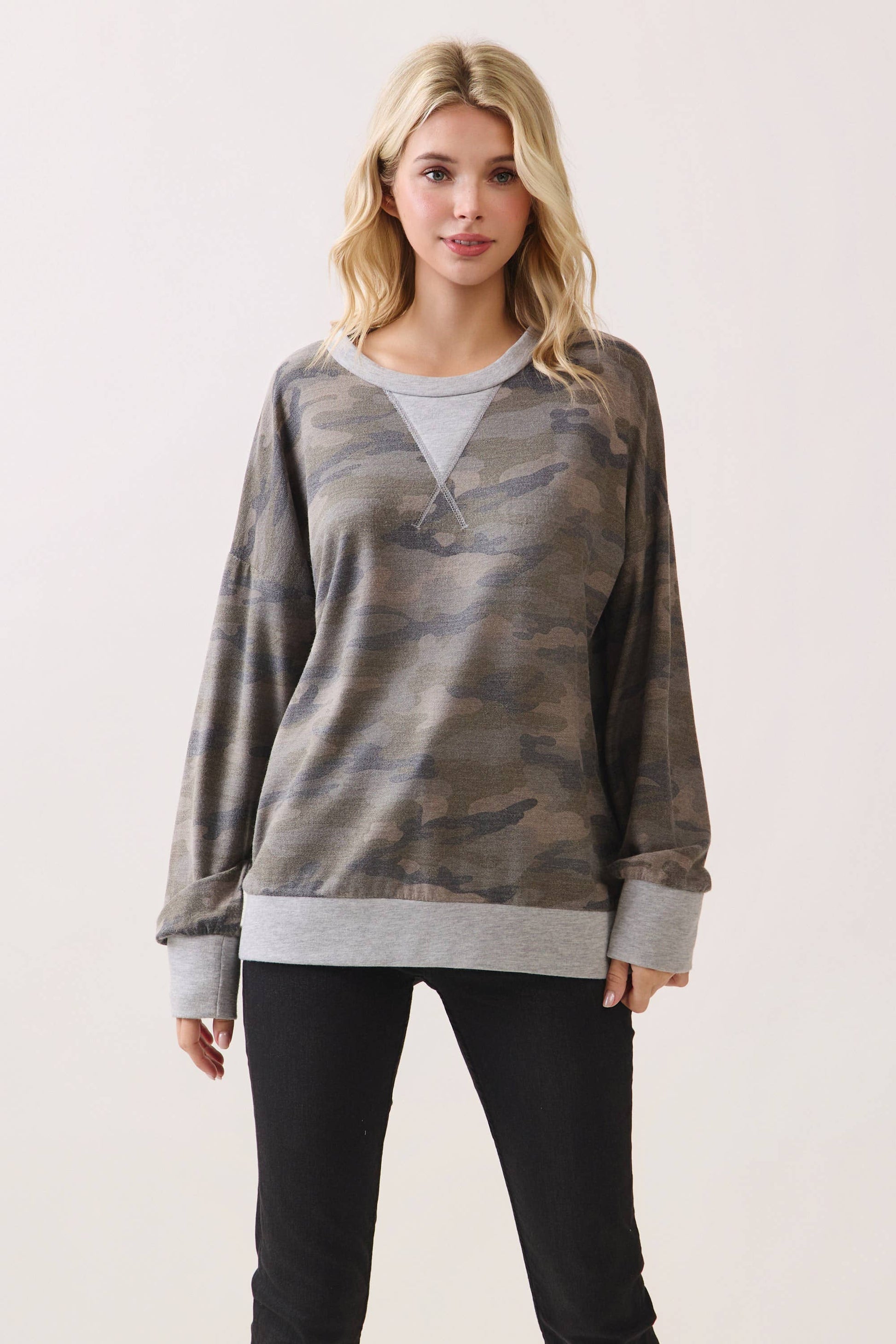 Camo Terry Knit Pullover Top Heather Grey/Camo