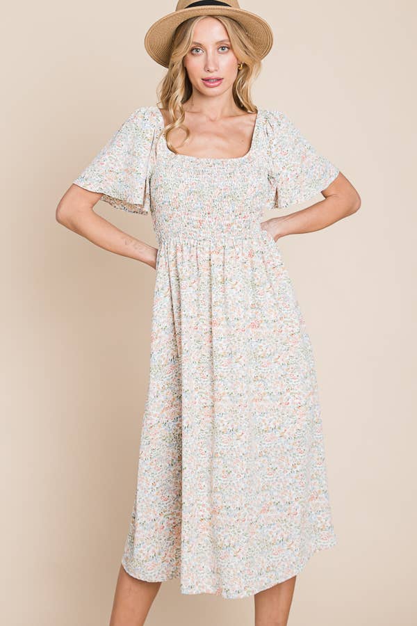 Floral Print Butterfly Sleeve Square Neck Smocked Midi Dress: CREAM